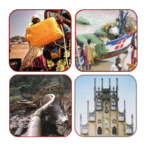 Illustrationen: afrikanische Frau mit Wasserkanister; Menschen, die ein Boot an Land ziehen, Bauarbeiten zur Verlegung einer Wasserleitung  und der mnstersche Rathausgiebel