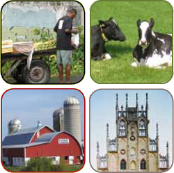Illustrationen: Landwirt; Kühe auf einer Wiese; Bauernhaus, dahinter Fabriken und der münstersche Rathausgiebel