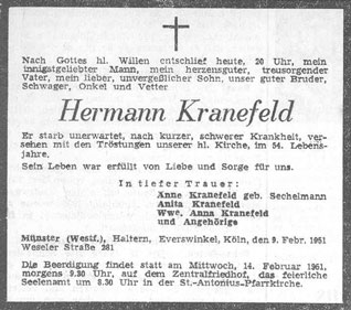 Todesanzeige von Hermann Kranefeld aus dem Jahr 1951 (Stadtarchiv; Liegenschaftsamt Nr. 2135)