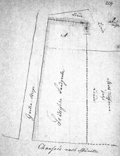 Handzeichnung des Areals um die Sandgrube vom 29.4.1850. Oben rechts ist eine Windmühle eingezeichnet. (Stadtarchiv, Fach 55 Nr. 1)