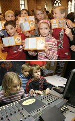Bildleiste: oben: Schulkinder mit Kulturstrolche-Pässen / unten: Schulkinder im Tonstudio