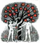 Adam und Eva essen vom Baum der Erkenntnis, Feder und Aquarell, Originalvorlage fr die Elementarbibel aus Verlag Ernst Kaufmann von 1978